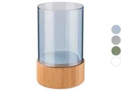 Glazen windlicht met houten voet