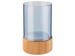 Glazen windlicht met houten voet