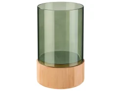 Glazen windlicht met houten voet