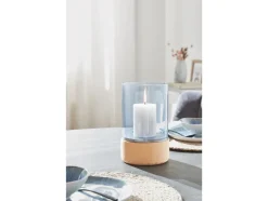 Glazen windlicht met houten voet