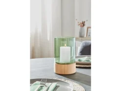 Glazen windlicht met houten voet