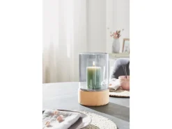 Glazen windlicht met houten voet