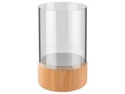 Glazen windlicht met houten voet