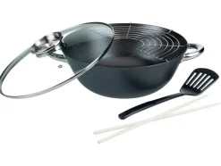 GSW wokset, 5-delig, roestvrijstalen handgrepen, aroma glazen deksel, gemaakt van gietijzer, met rekje