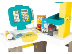 Supermarkt, met winkelwagen en kassa