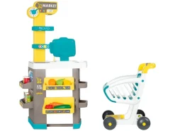 Supermarkt, met winkelwagen en kassa